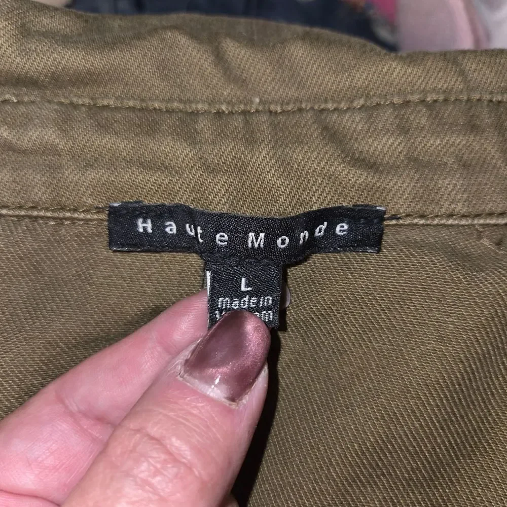 Haute Monde Anthro Denim Olive Green Utility Coveralls Jumpsuit Size Large - Picture 10 of 12